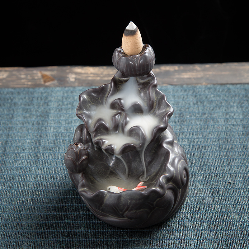 Backflow incense burner fish playing in lotus pond 13.5*11.5*12.5cm