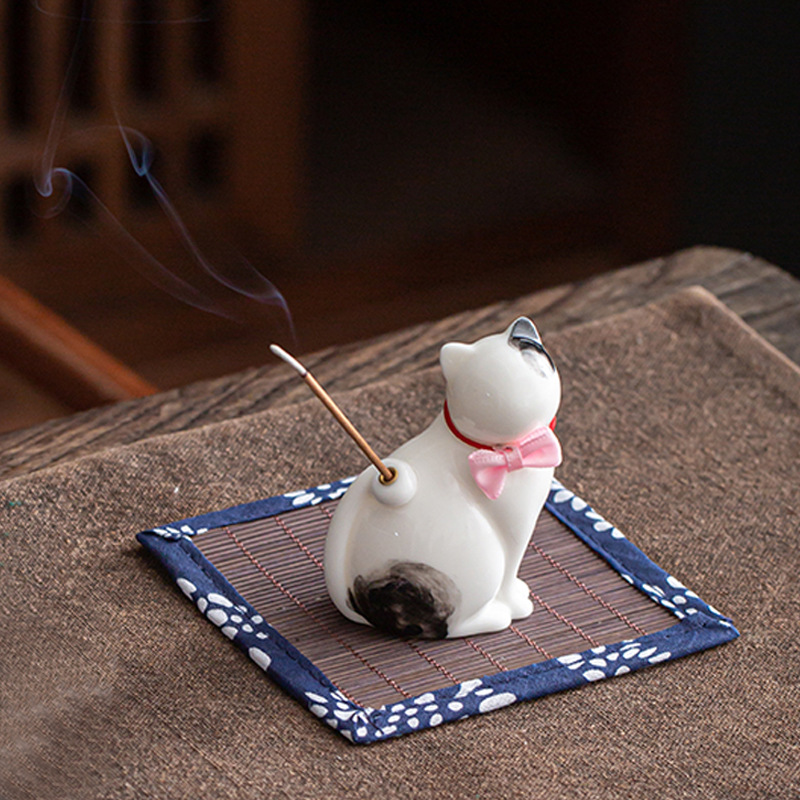 White little fat cat underglaze color incense stick