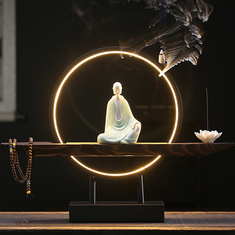 Zen enlightenment   lamp circle wooden seat   lotus flower   Buddha beads