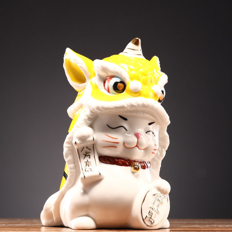 Lion Dance Lucky Cat (Yellow) 10.7*12.7*17.5cm