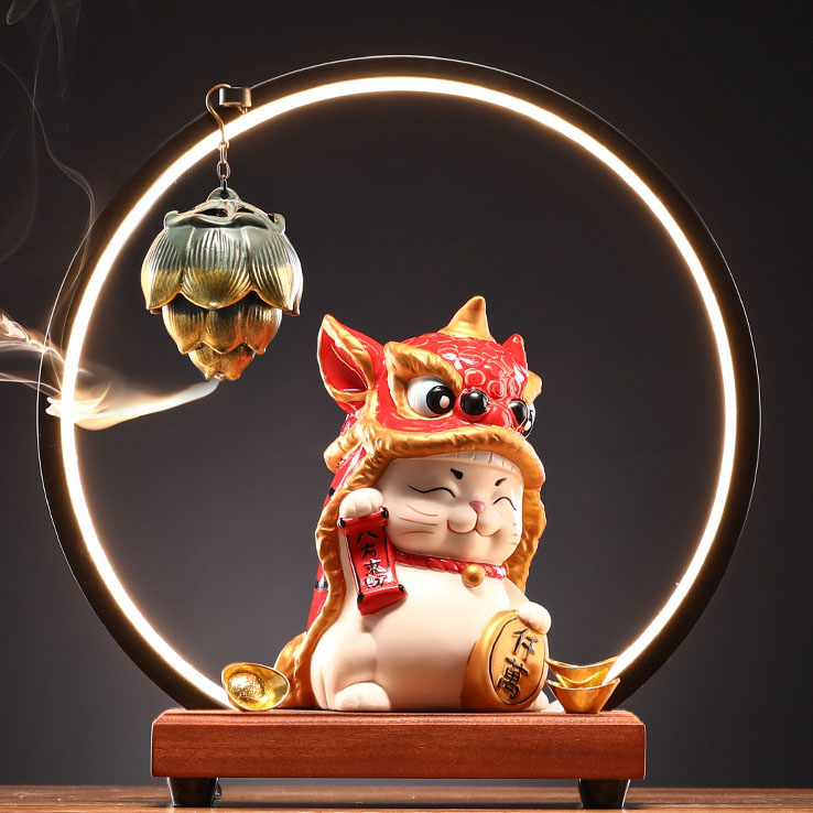Lion Dance Lucky Cat (Red) + Lamp Circle + Aroma D