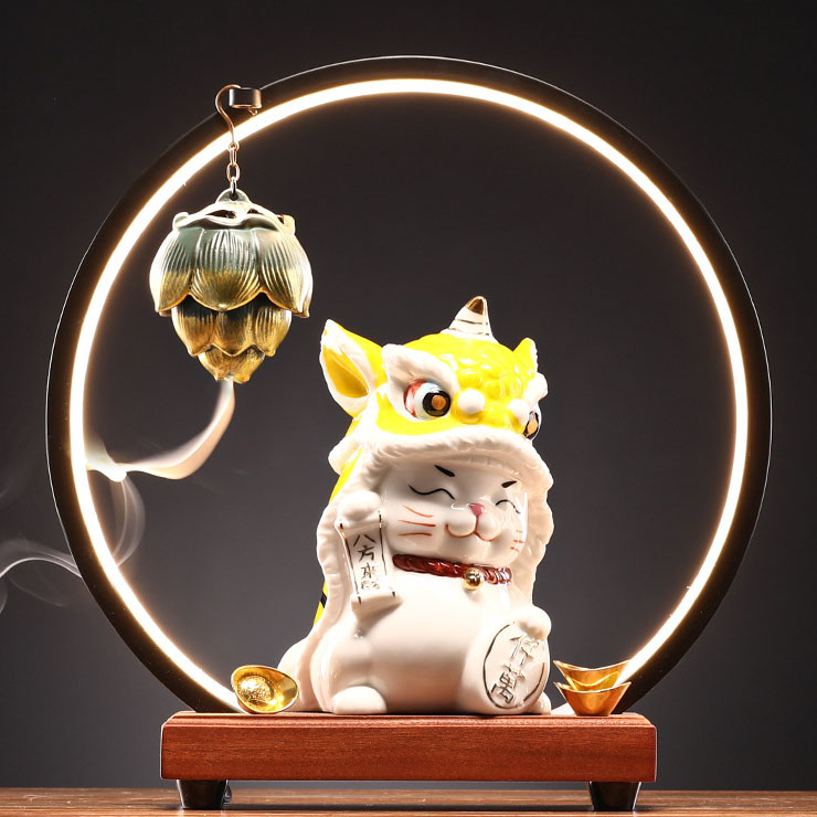 Lion Dance Lucky Cat (Yellow) + Lamp Circle + Arom