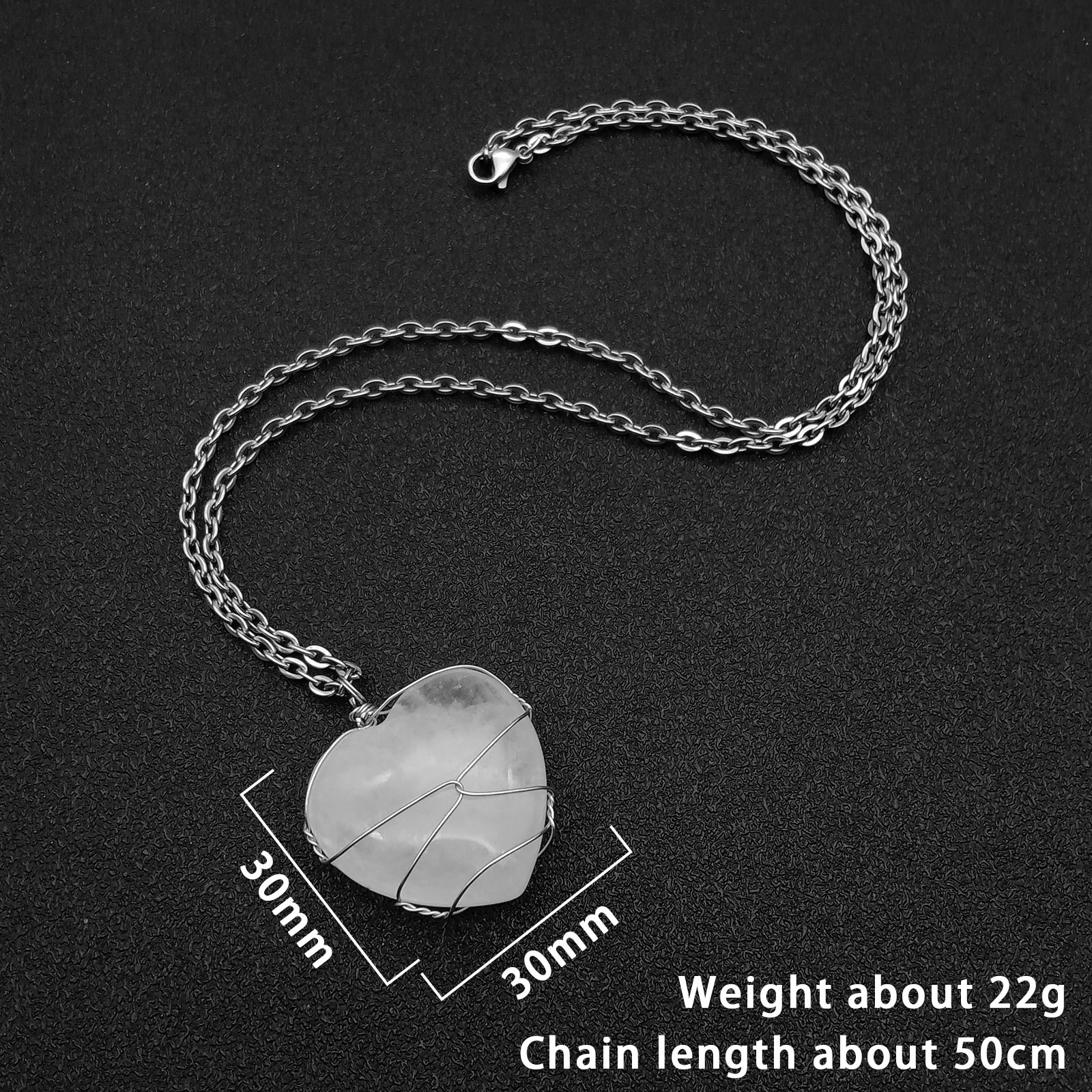 The pendant is about 30mm long, about 30mm high, and the chain is about 50cm long