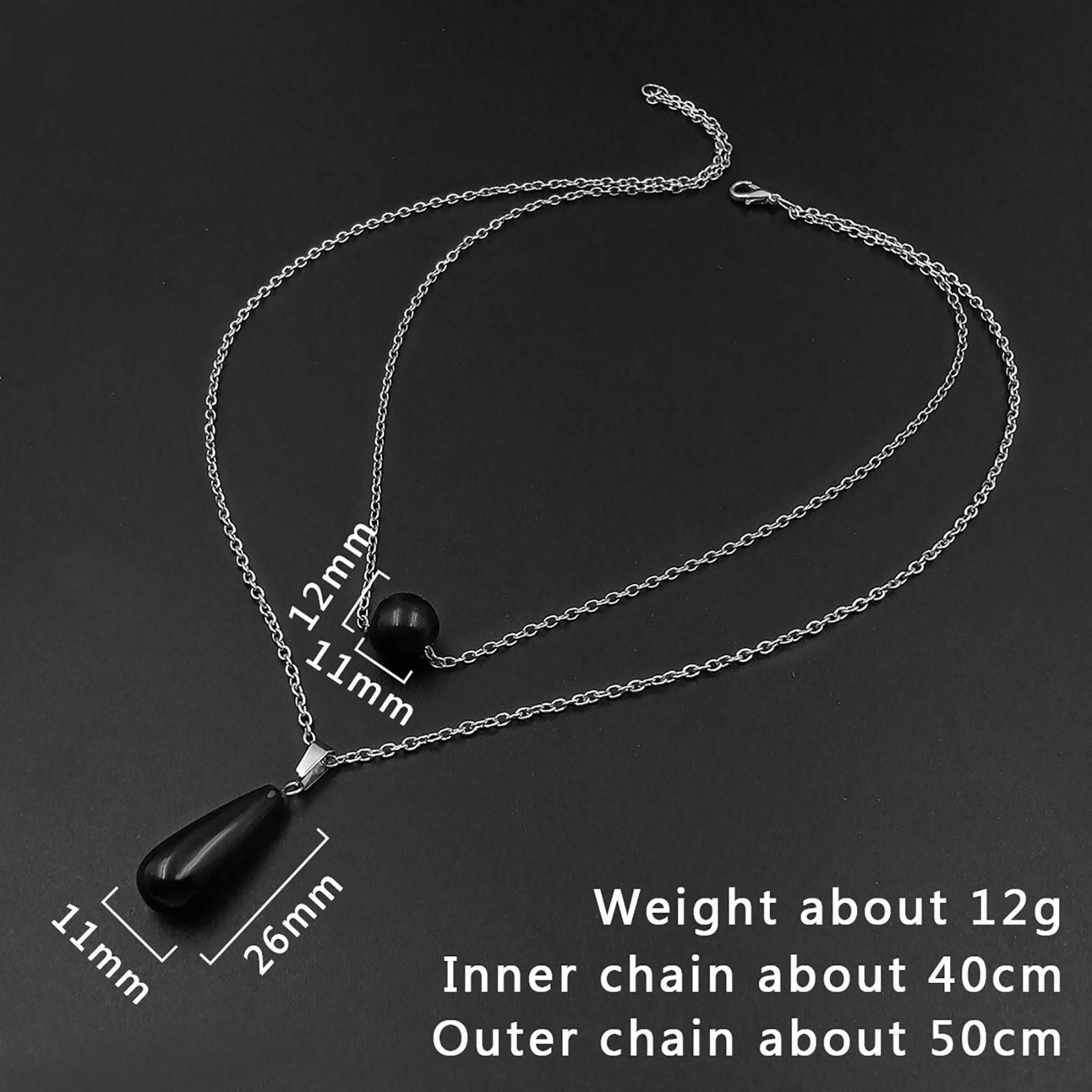 1:The water drop is about 11mm long, about 26mm high, about 12mm for beads, about 50cm for the outer chain, about 40cm for the inner chain
