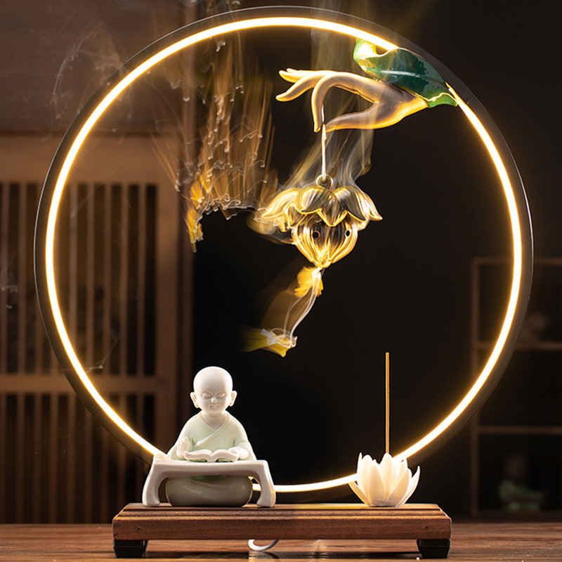 Lotus incense burner + lamp circle + chanting monk