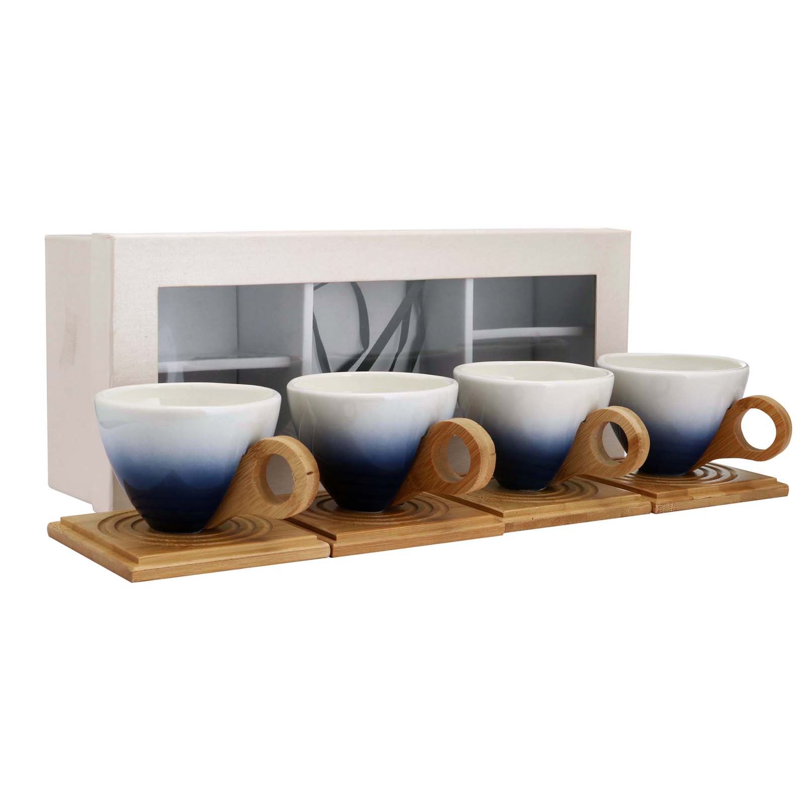 Vintage Bamboo Handle Tea Cup   Bamboo Mat   Gift Box (Blue Set)
