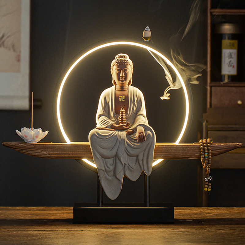 Medicine Buddha [painted pottery] complete set of lamp wooden seat 48*10*36.5cm