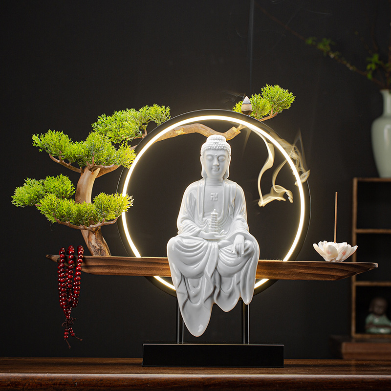 Medicine Buddha [white porcelain] pine needle lamp wooden seat full set  53*20*40cm