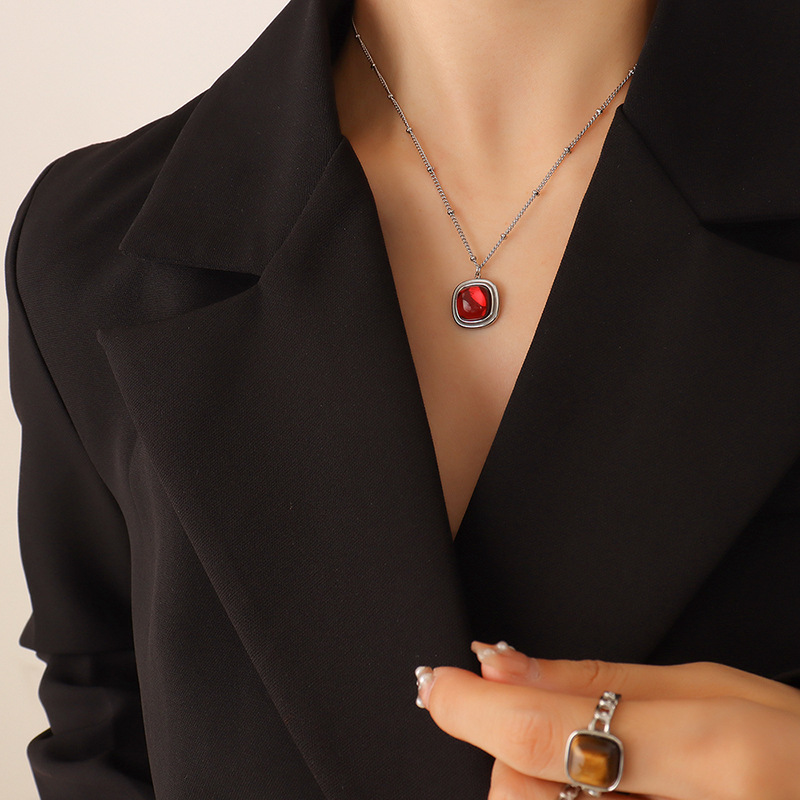 P257-Steel Red Crystal Stone Necklace-39 5cm