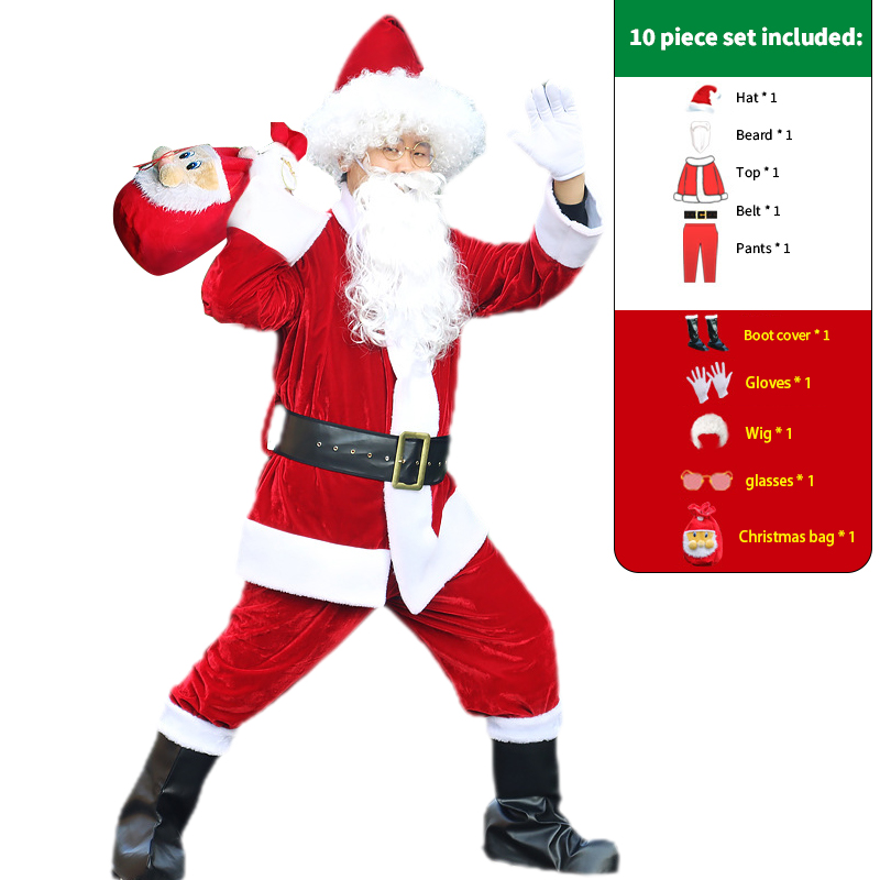 10-piece set A (hat   beard   top   belt   pants   boots   gloves   wig   glasses   red Christmas bag)