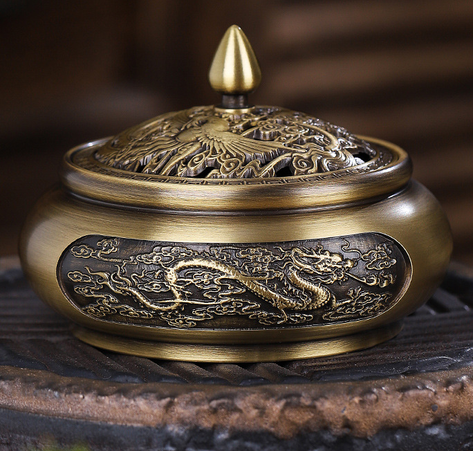 1:Flat bottom carved dragon and phoenix stove 9.5*7.5cm