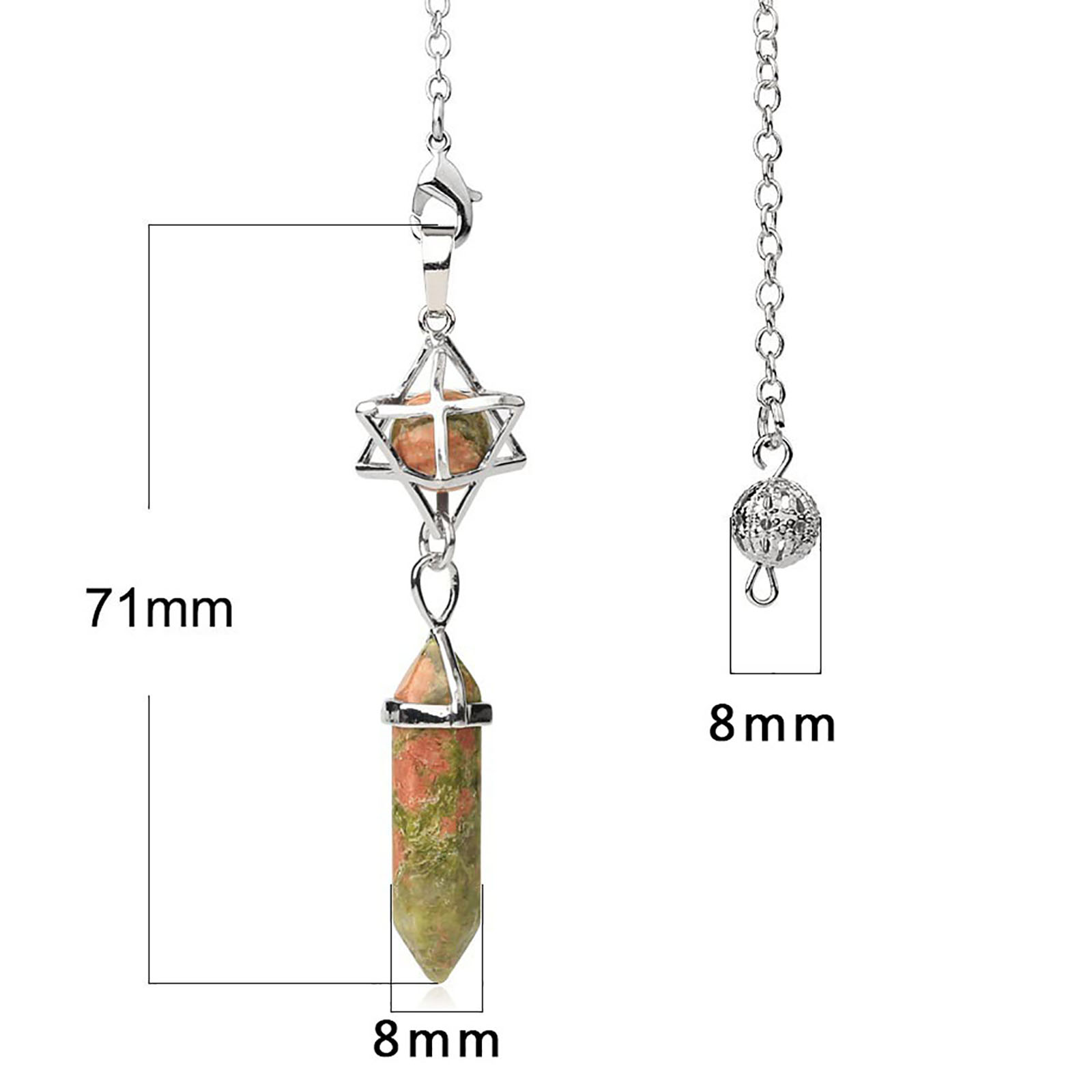 The pendant is about 70mm high, hexagonal column 8mm wide, and the tail 8mm bead