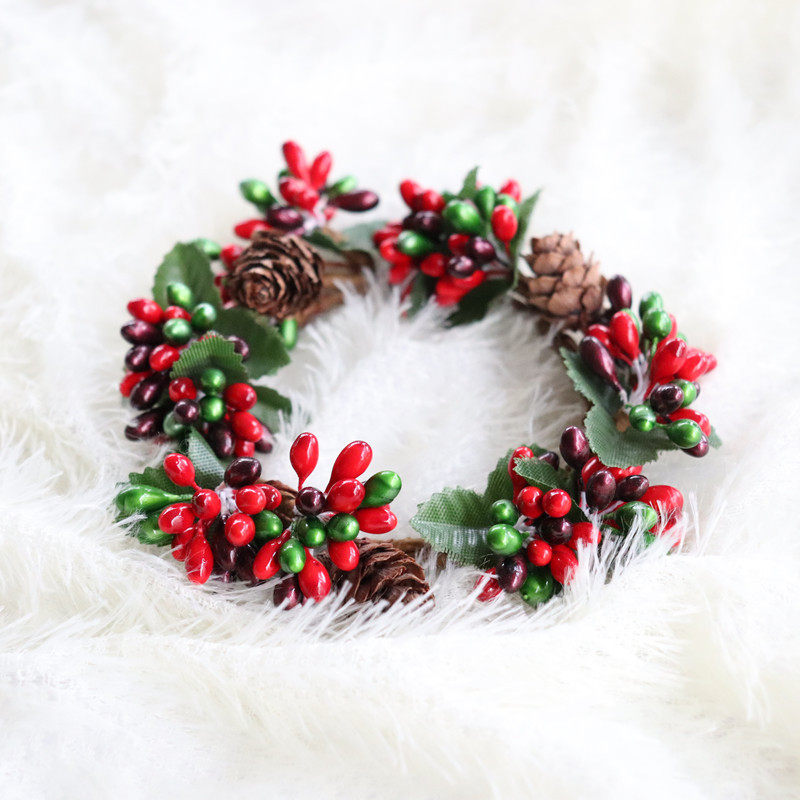Red and green natural pine cone candle ring