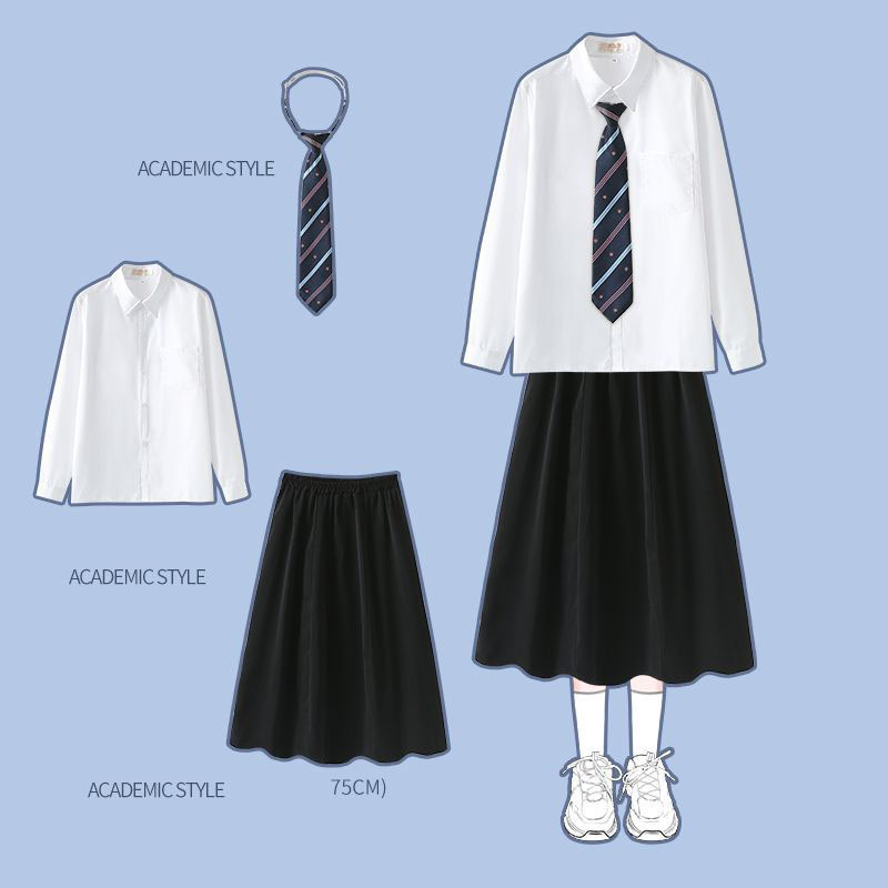 White long sleeve   black six-piece skirt   blue crown tie
