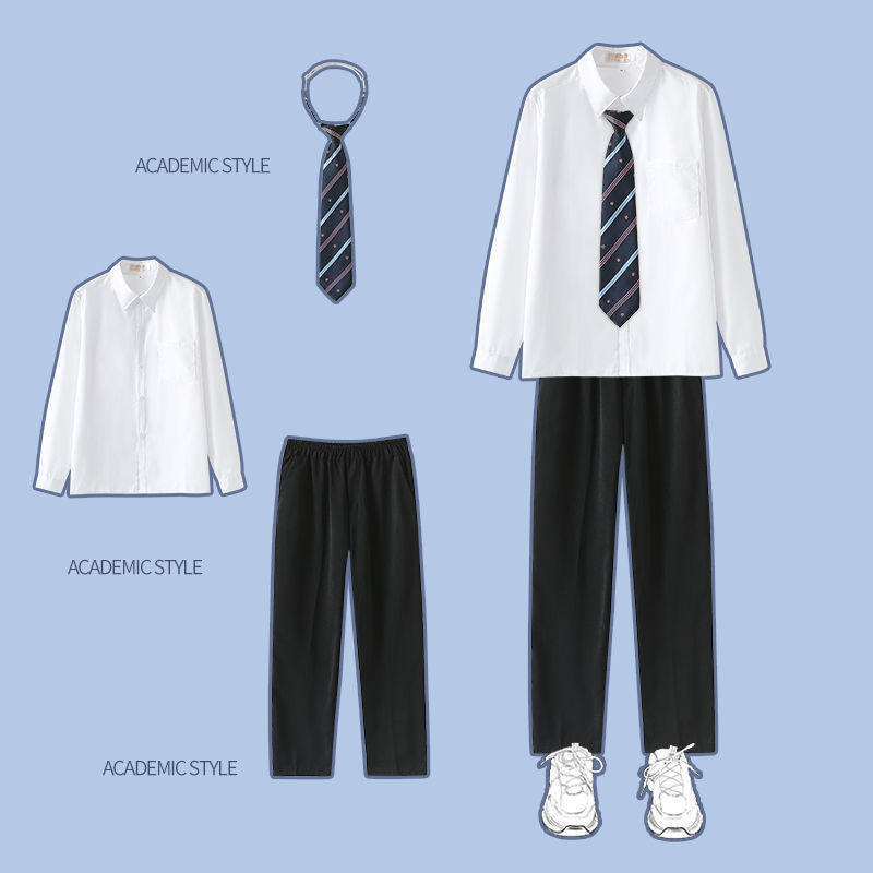 White long sleeve   black pants   blue crown tie