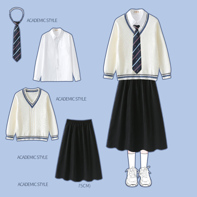 White long sleeve   white long sleeve sweater   black six-piece skirt   blue crown