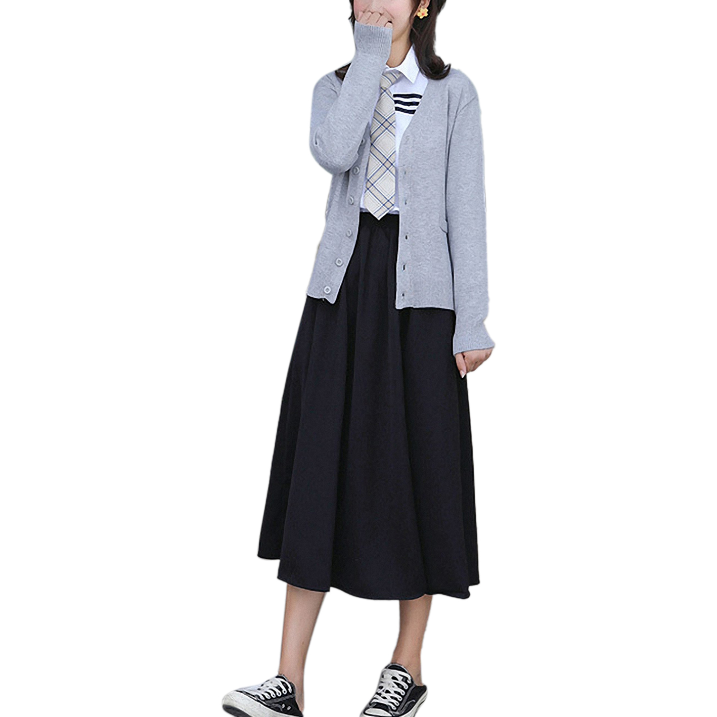 Grey cardigan   three bars white shirt long sleeve   black skirt   khaki tie