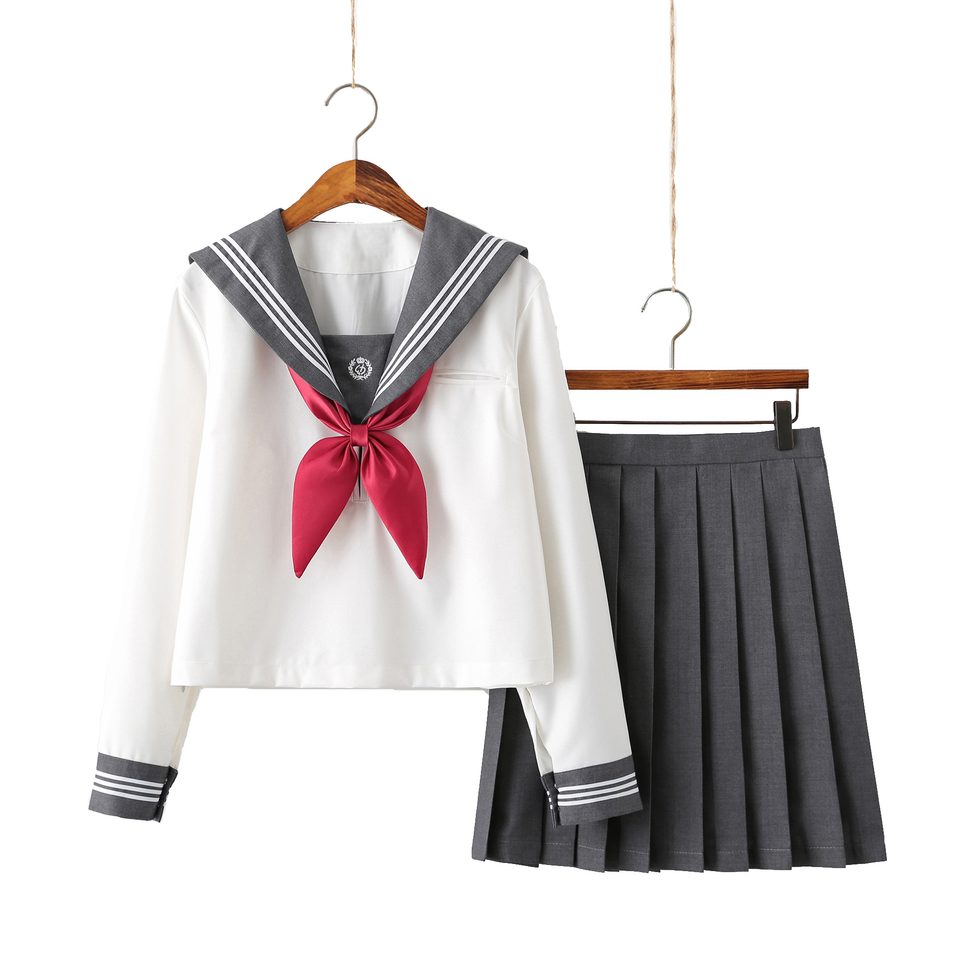 Grey three long sleeves   grey skirt   wine red goldfish knot