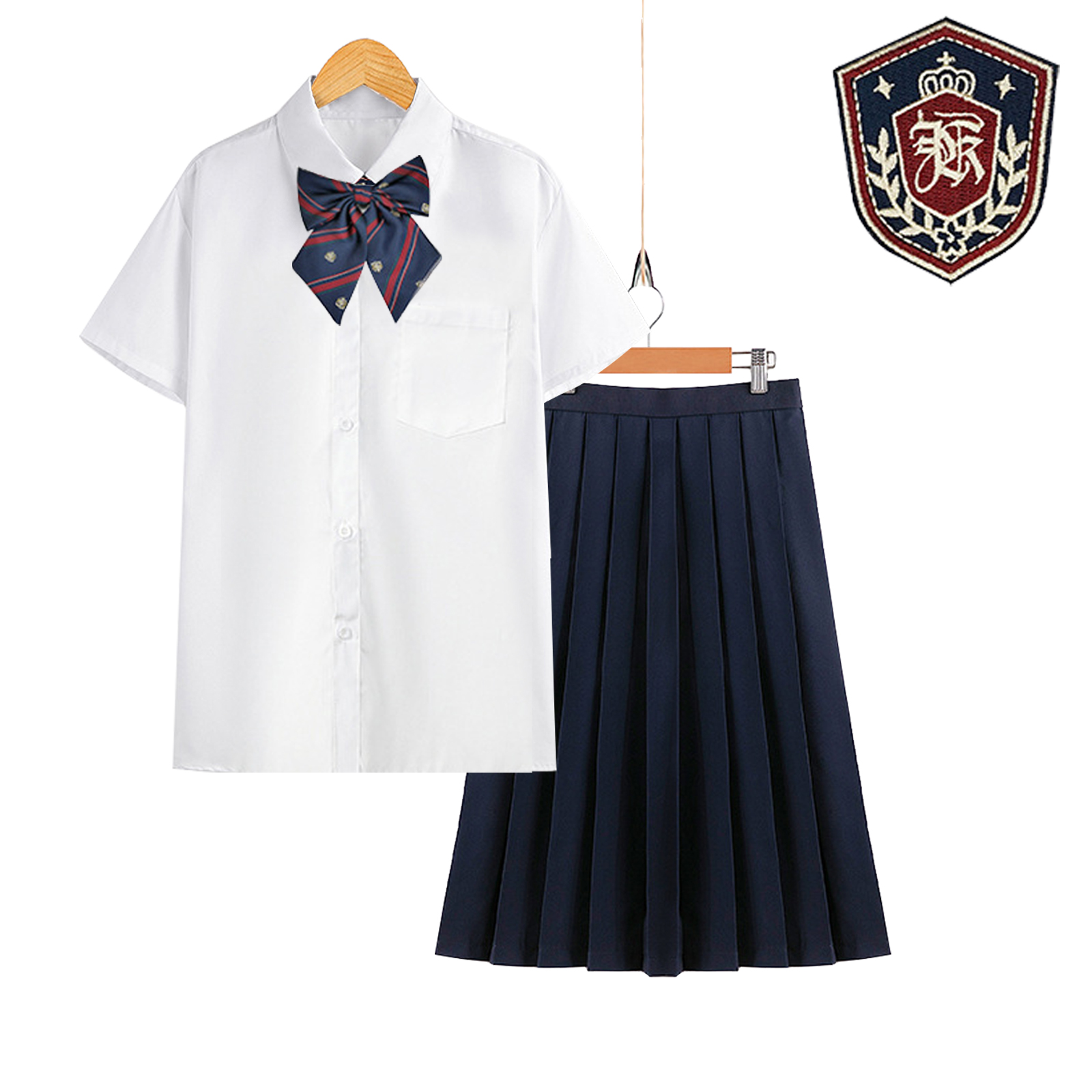 Female white short sleeve   navy blue pleated skirt