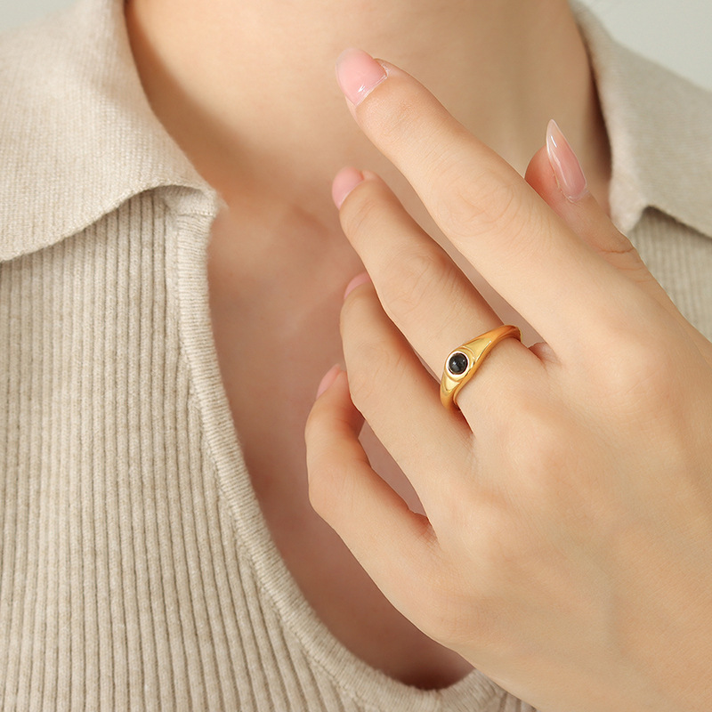 A421 - Gold Black Glass Bead Ring