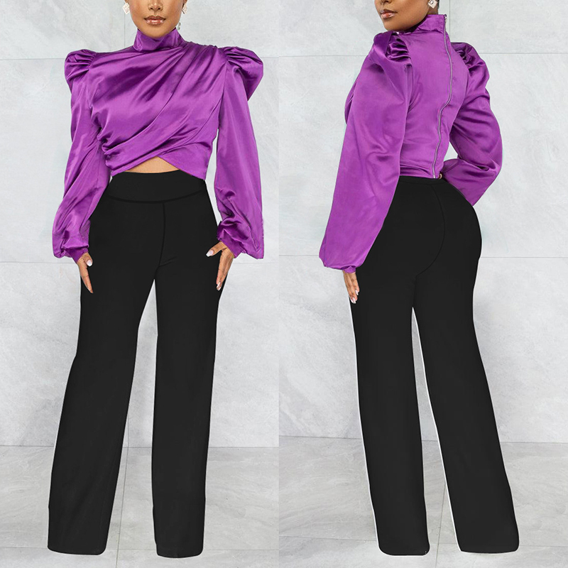 Purple jacket and black pants