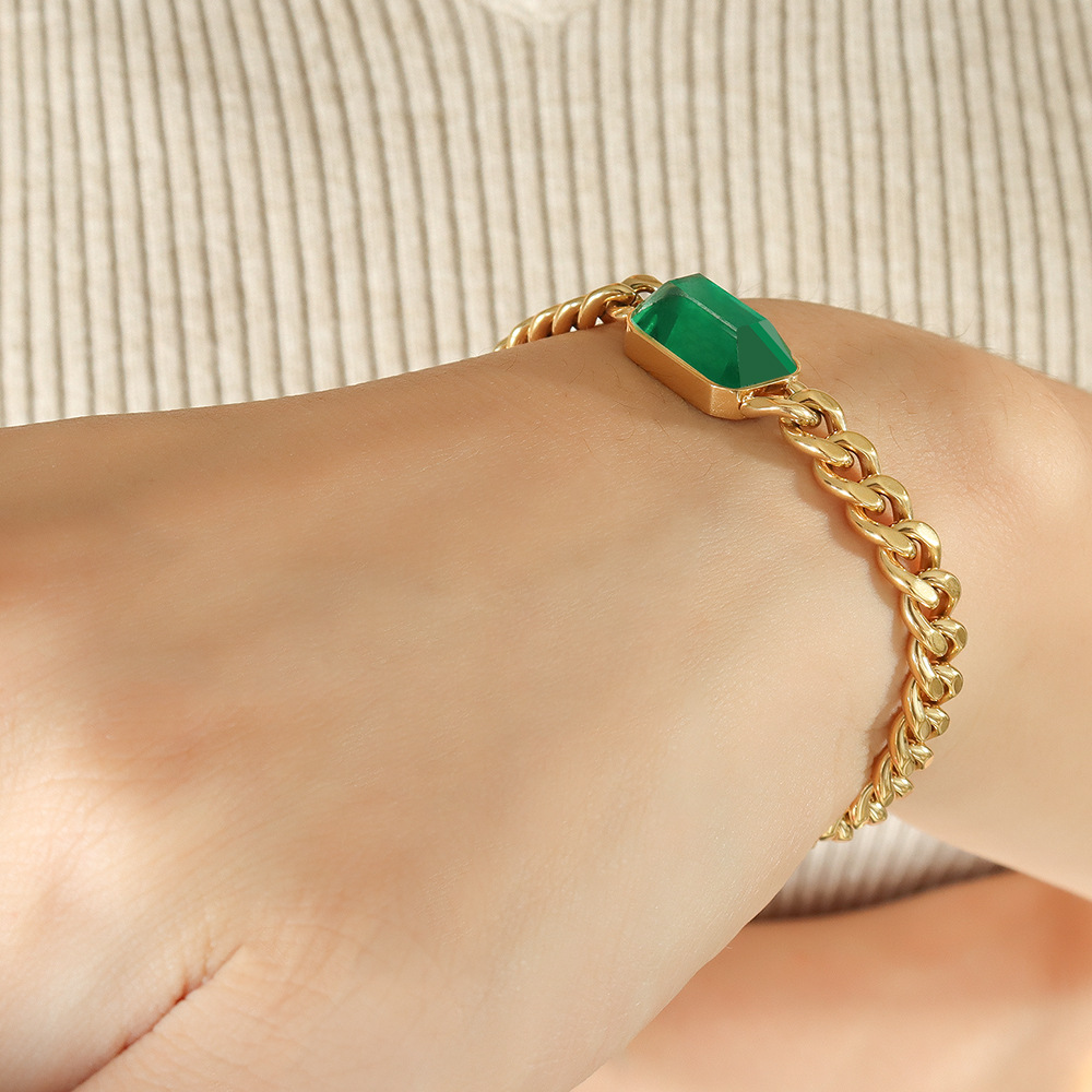 Gold green glass stone bracelet