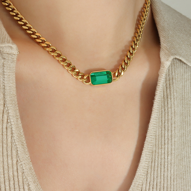 Gold green glass stone necklace
