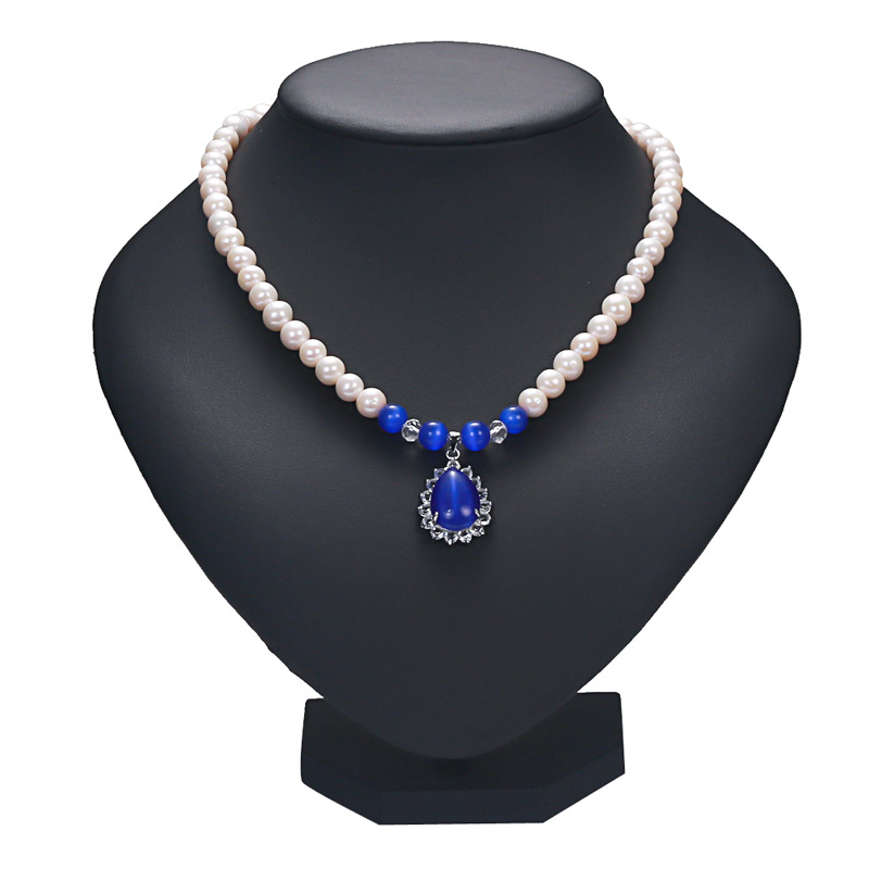 White pearl blue drop-shaped necklace