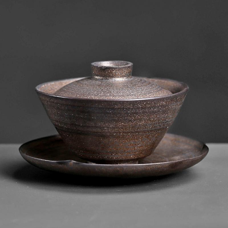The wide-mouth cover bowl made of coarse pottery and bronze gilded with gold is 130 * 77 mm