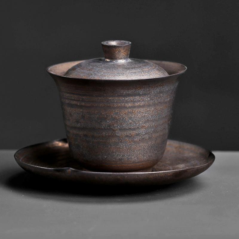 The high-ventral cover bowl made of coarse pottery and bronze gilded with gold is 91 * 85mm