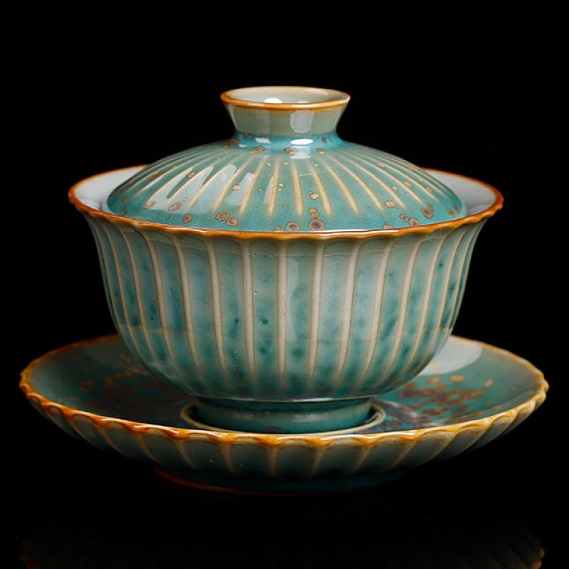 Jun Kiln Gold spot green stripe cover bowl 11.5 * 8.5 cm