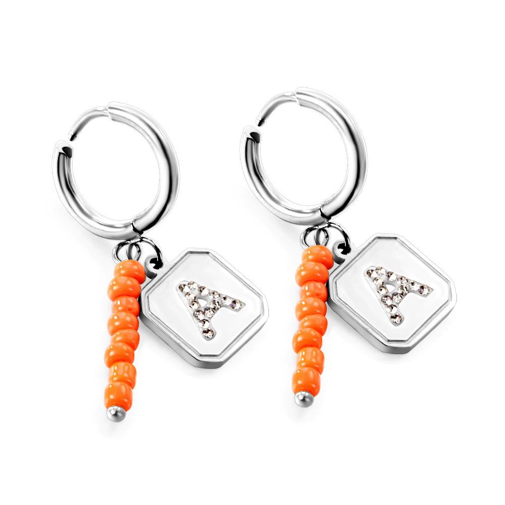 1:Orange beads   square with white diamond A stud earrings in steel