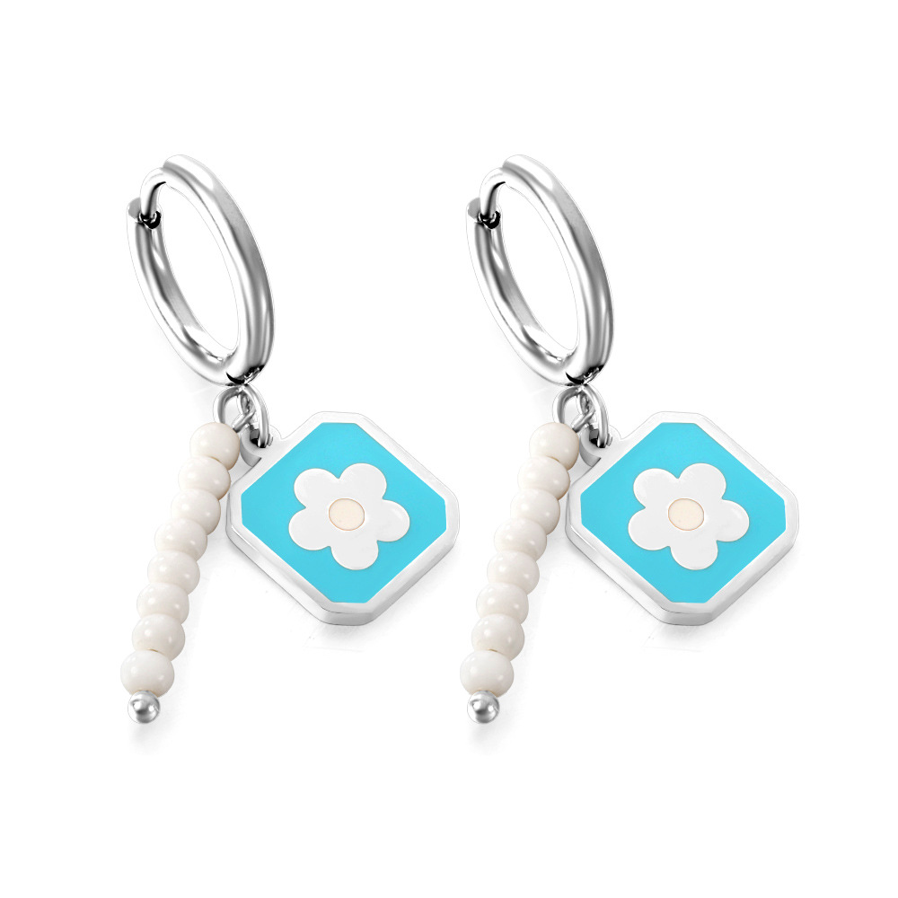 5:White beads   square with blue peach blossom stud earrings steel color