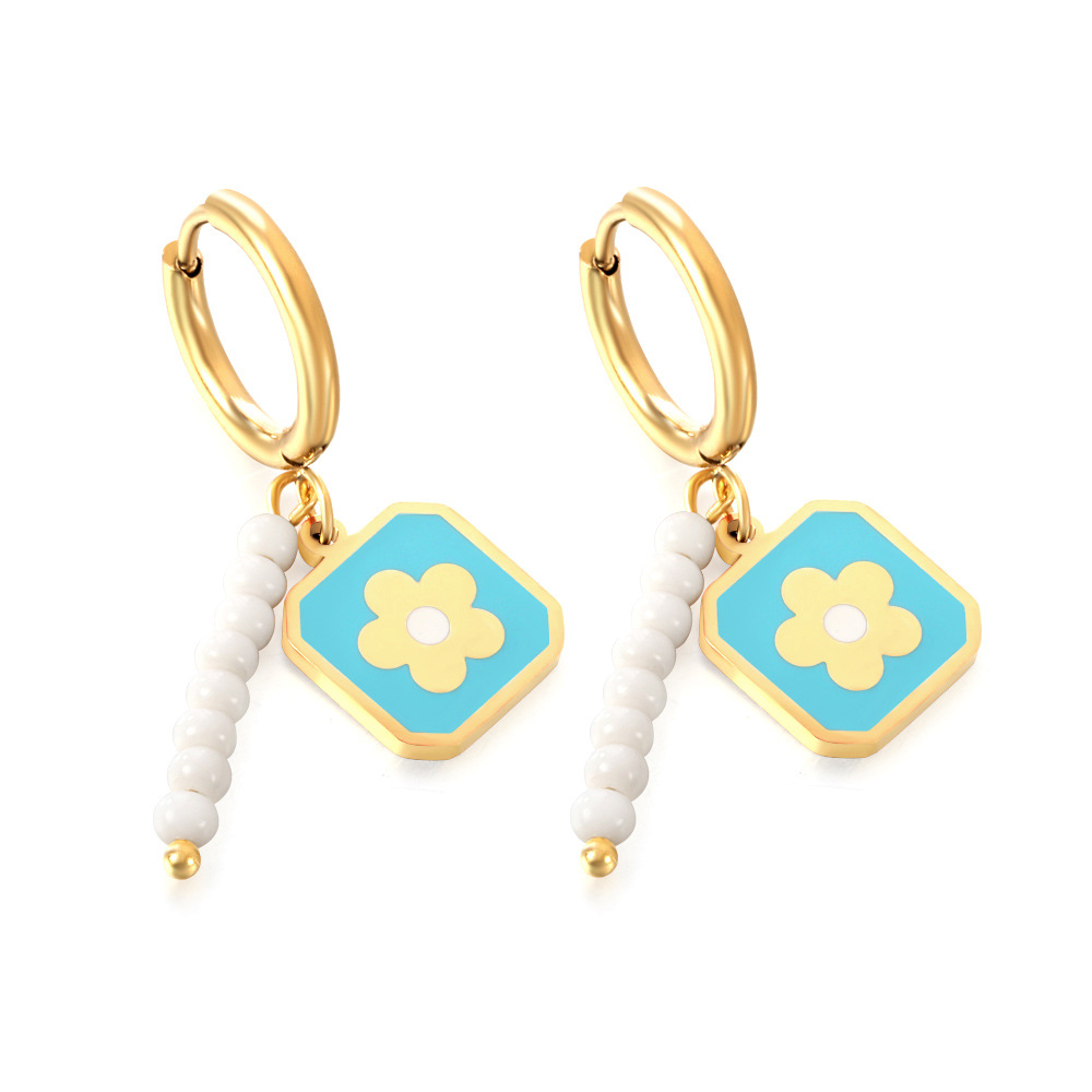 6:White beads   square with blue peach blossom stud earrings gold