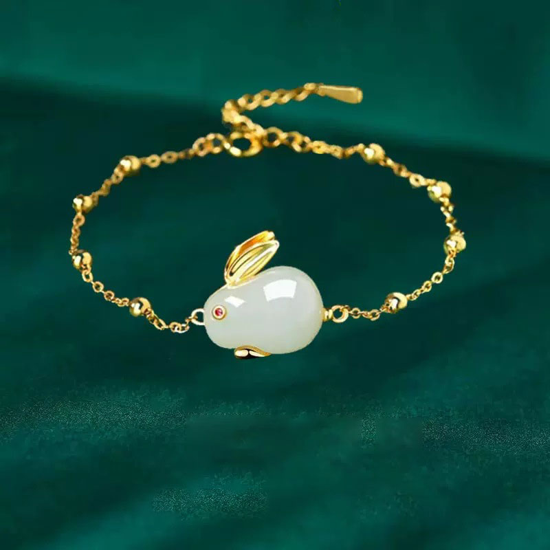 Copper bead chain + jade rabbit bracelet