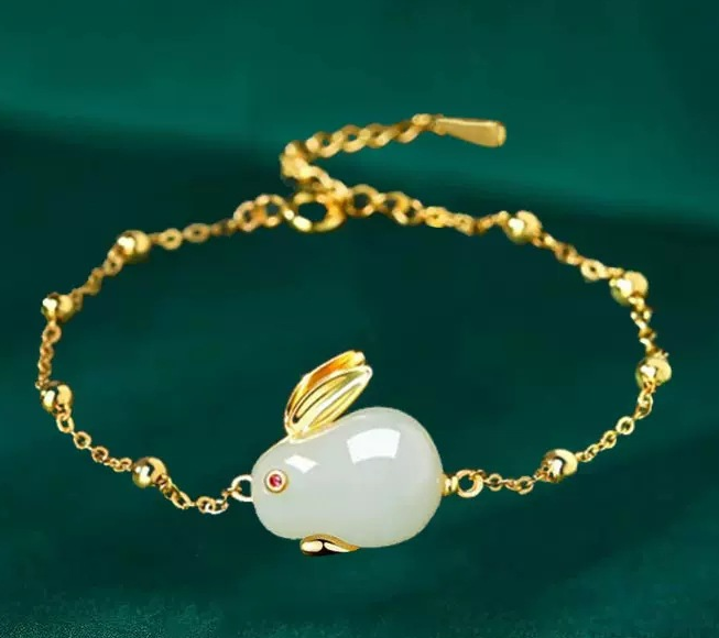 Copper bead chain   jade rabbit bracelet