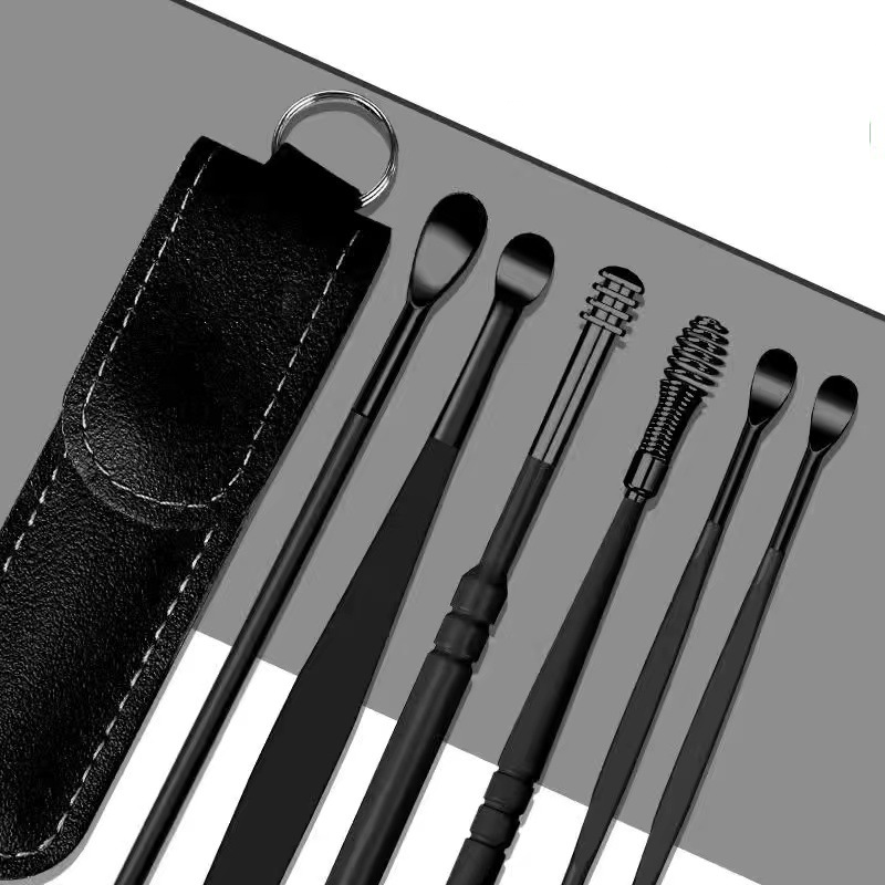 Black ear spoon 6-piece set black leather case