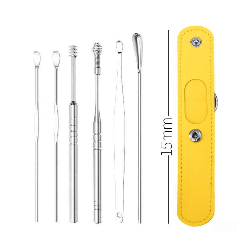 Stainless Steel Ear Spoon 6-piece set - lemon Yellow leather case