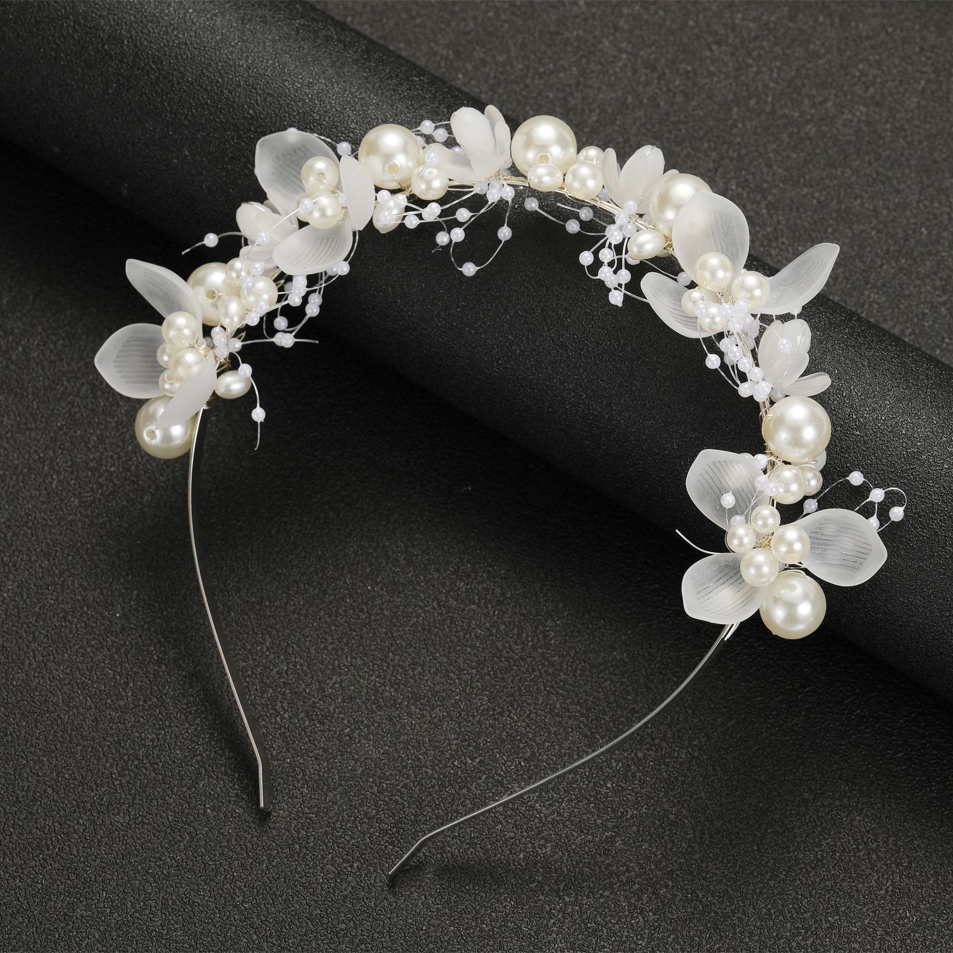6:White bead headband with silver copper wire