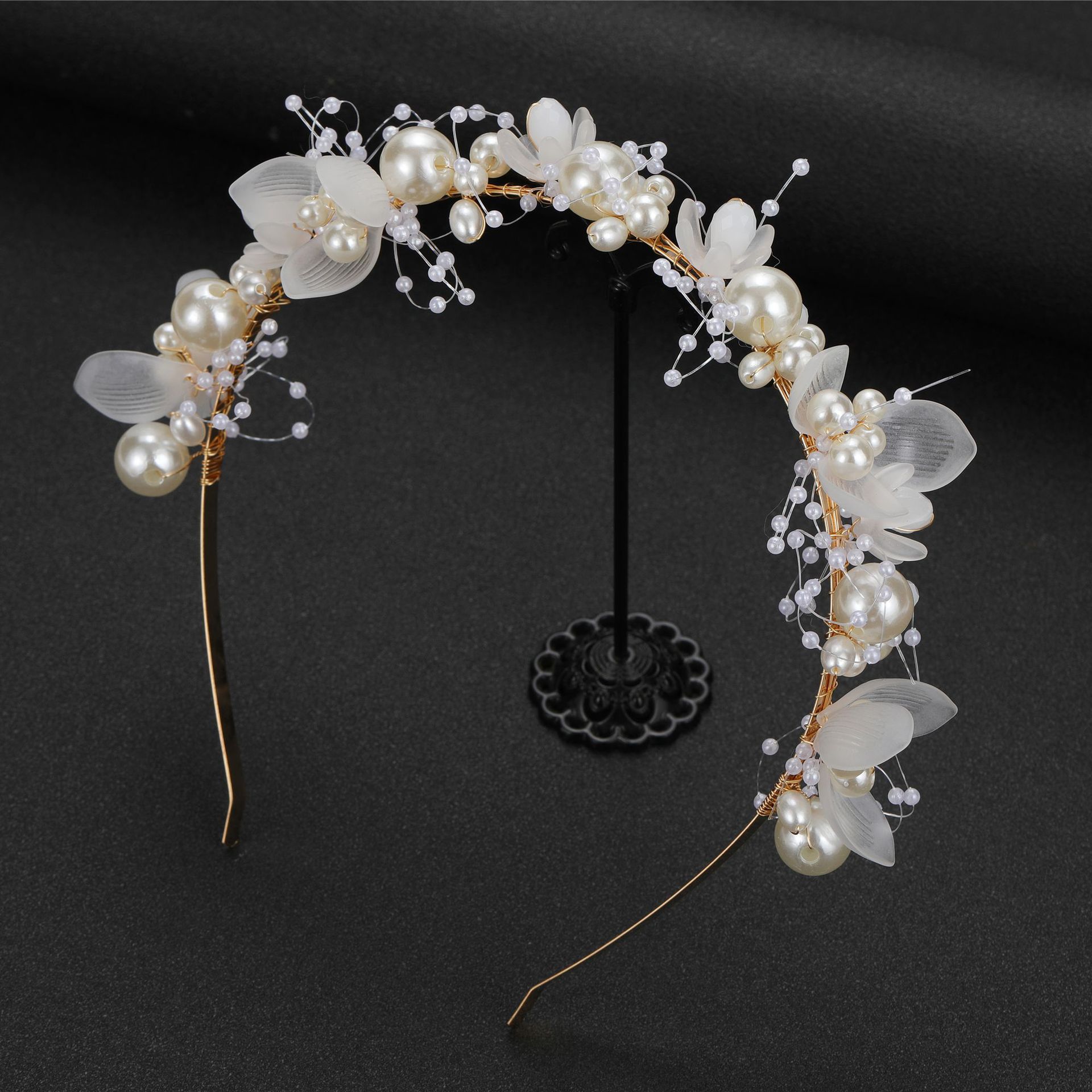 White bead headband with gold copper wire