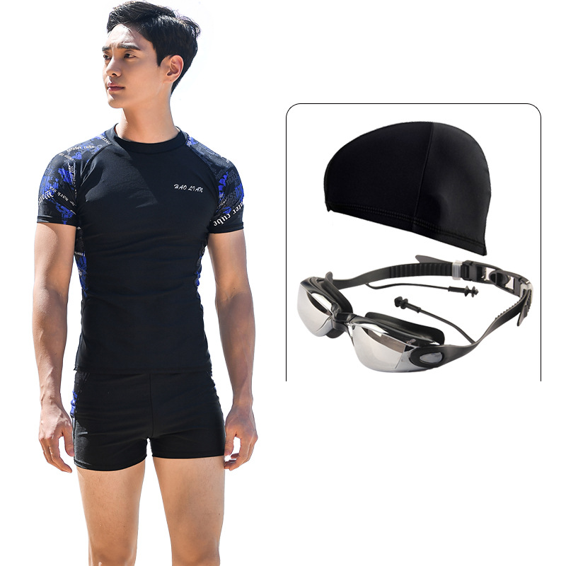 9577 Short sleeve top   boxers (black)   goggles   swim cap