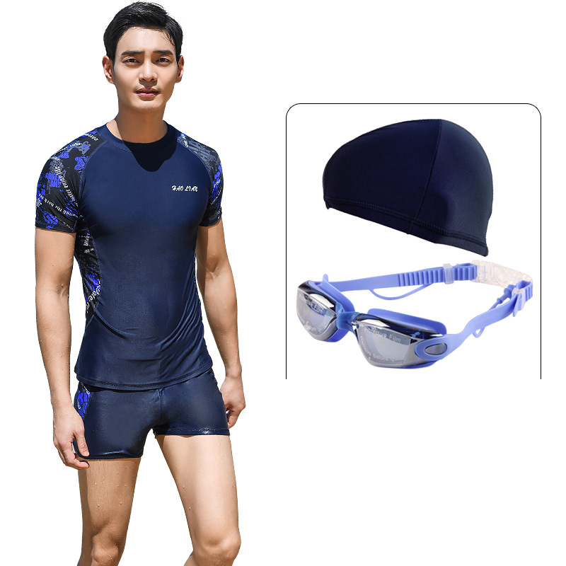 9577 Short sleeve top   boxer pants (navy blue)   goggles   swim cap
