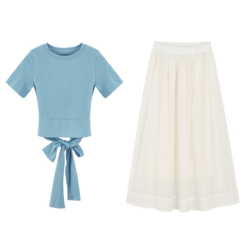 Blue T-shirt   Champagne skirt