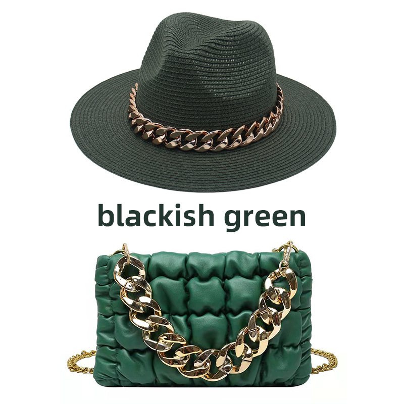 dark green hat and bag