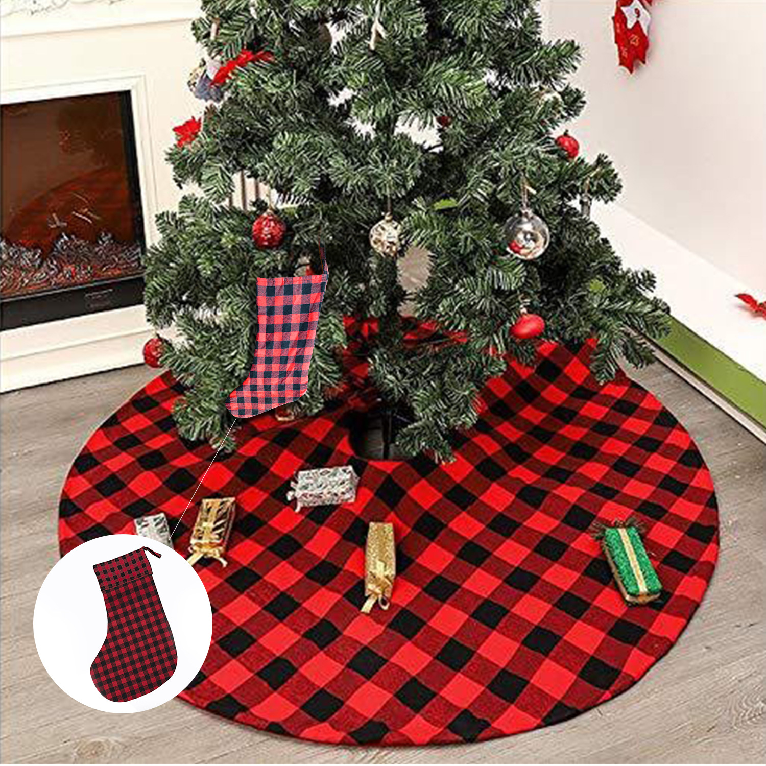 Plaid tree skirt size 120cm extra Christmas socks