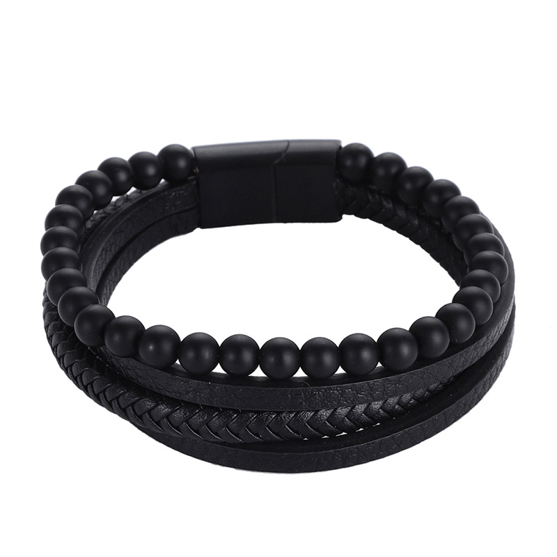 Black leather and black frosted beads 19cm(inner r