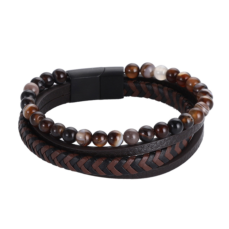 Brown leather and Brown striped beads 19cm(inner r