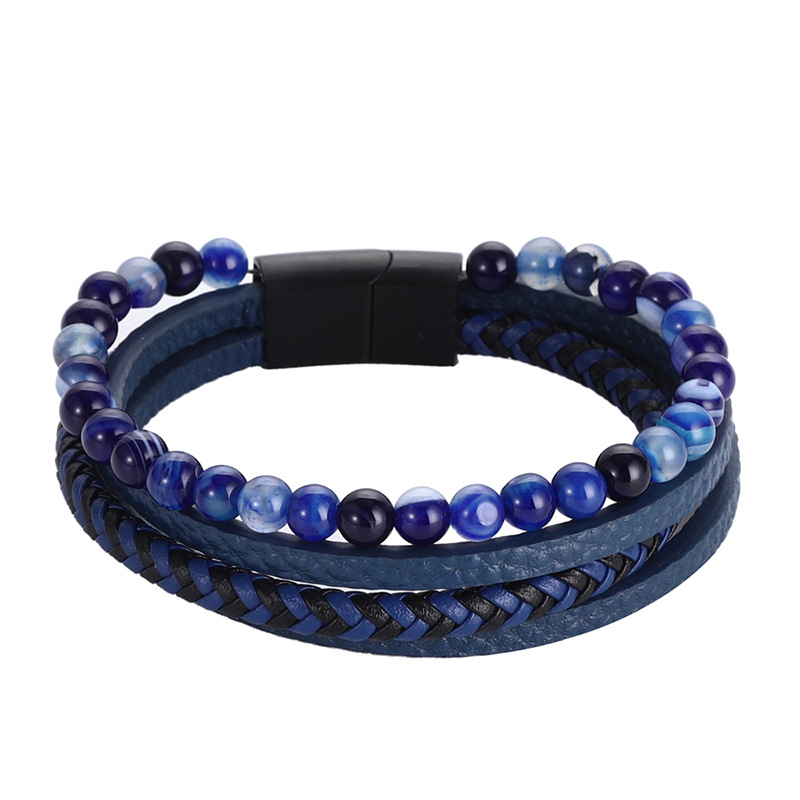 Blue leather and Blue striped beads 19cm(inner rin