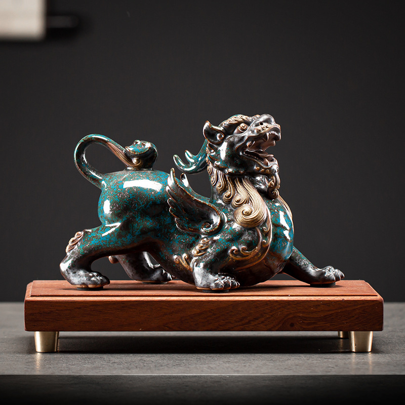 Single blue Pixiu (male)   copper wood base