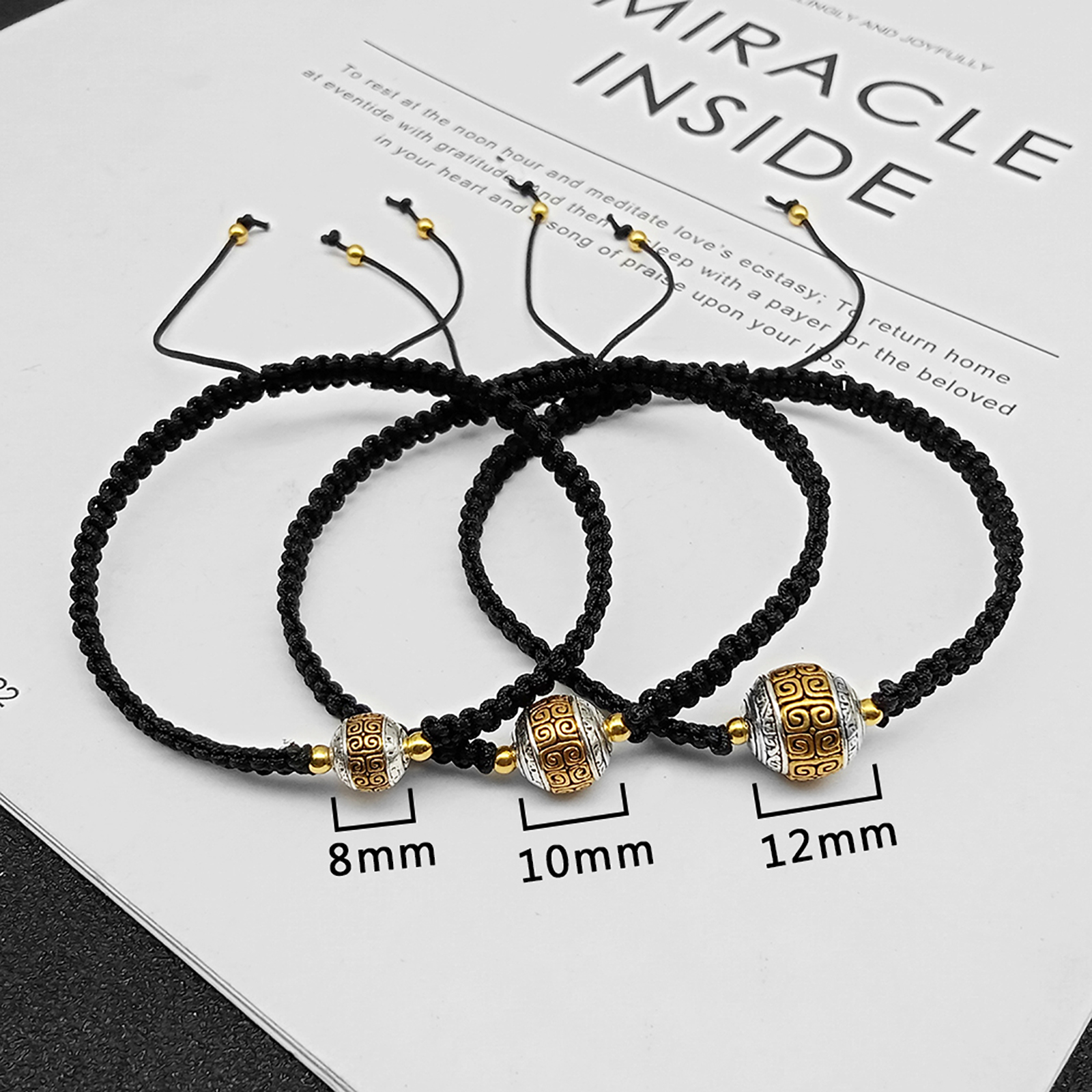 The beads are 8mm, 10mm, and 12mm respectively, and the bracelet size is adjustable